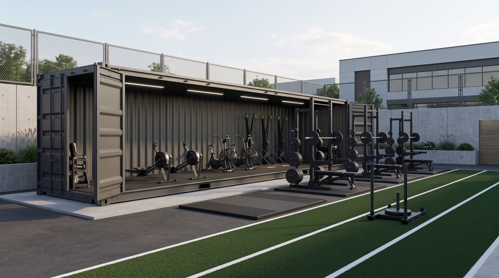 Container gym beside a turf training field