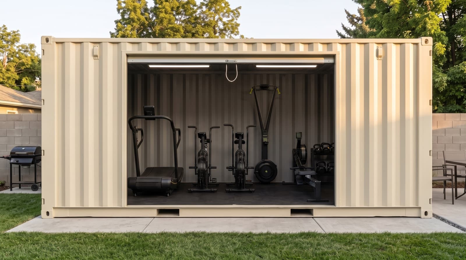 Container gym with roll-up doors open