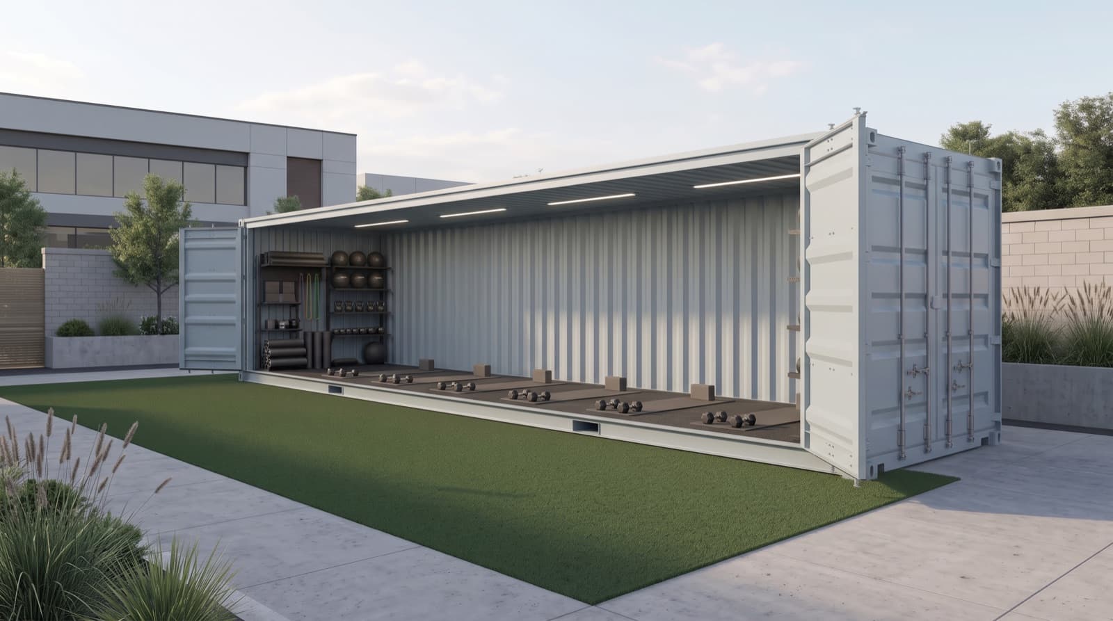 Container gym exterior on a landscaped site