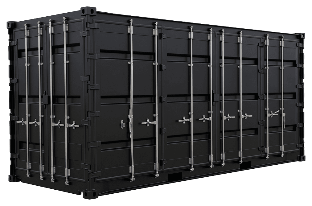 Container gym with an open-side configuration