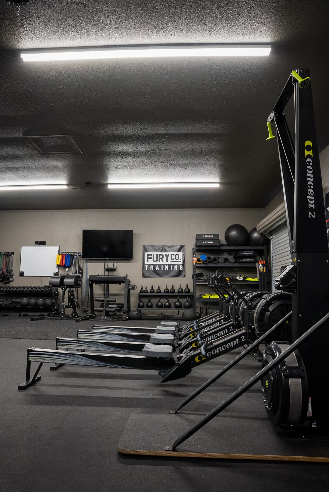 Gym layout with rowers