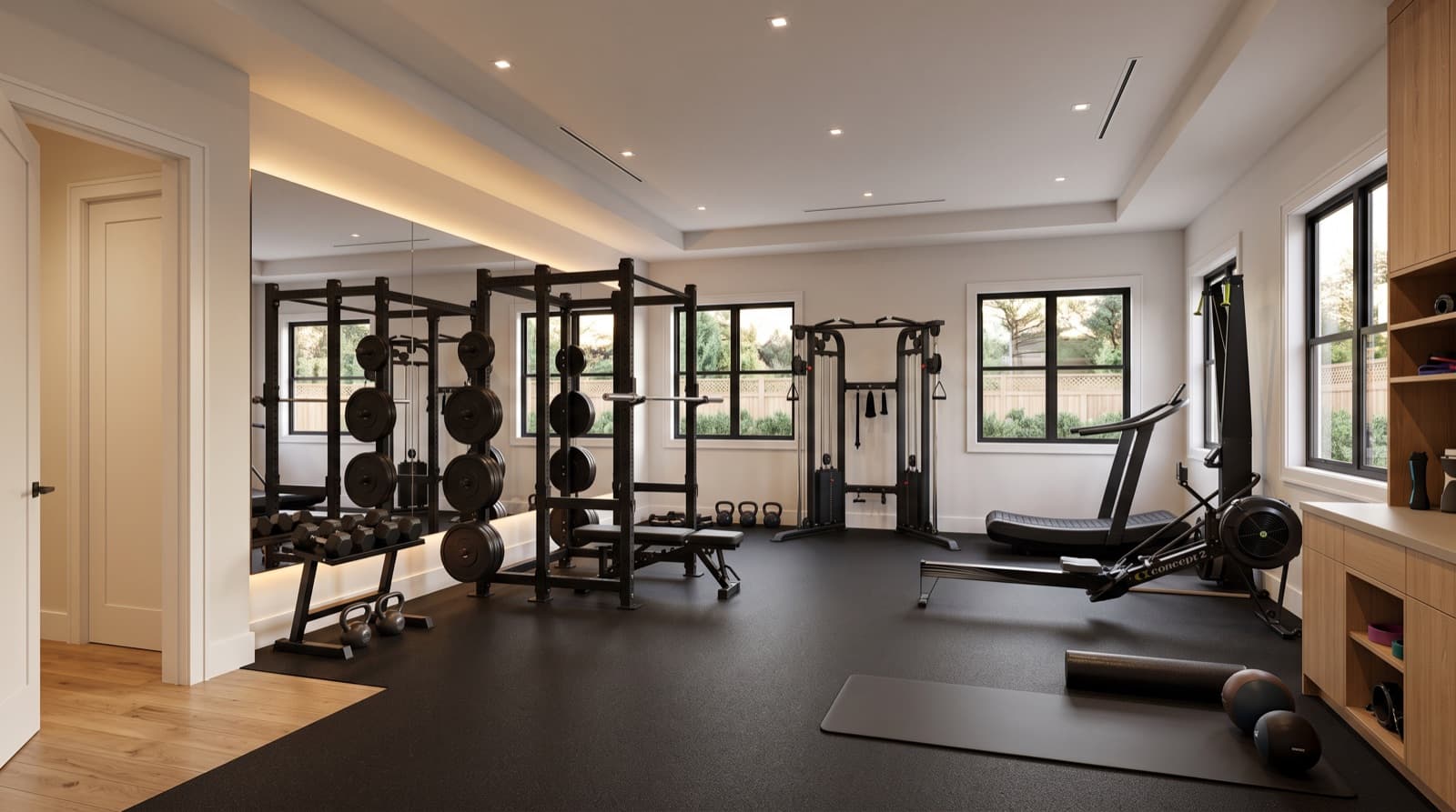 Private gym with equipment wall