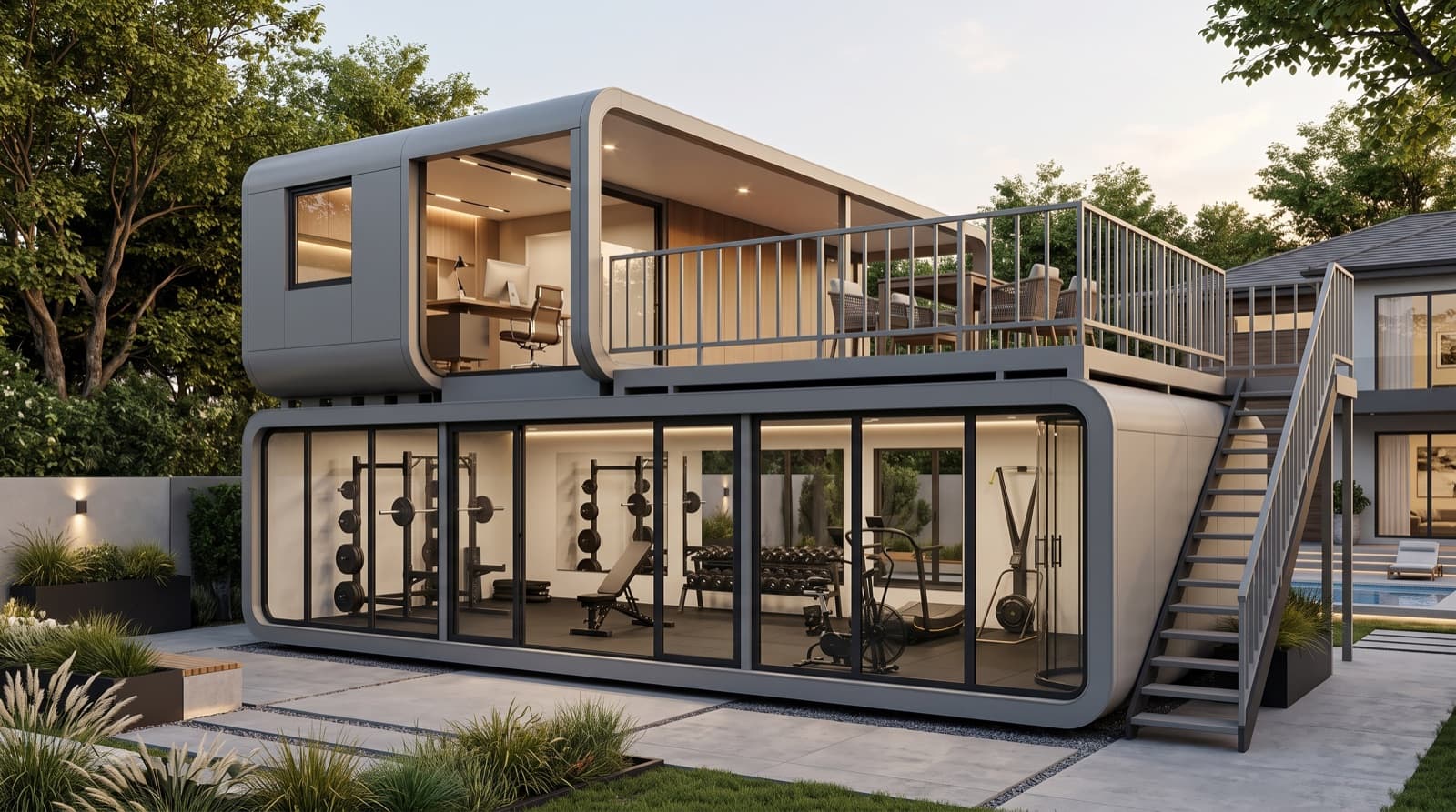 A stacked two-level studio configuration — gym below, office and rooftop deck above