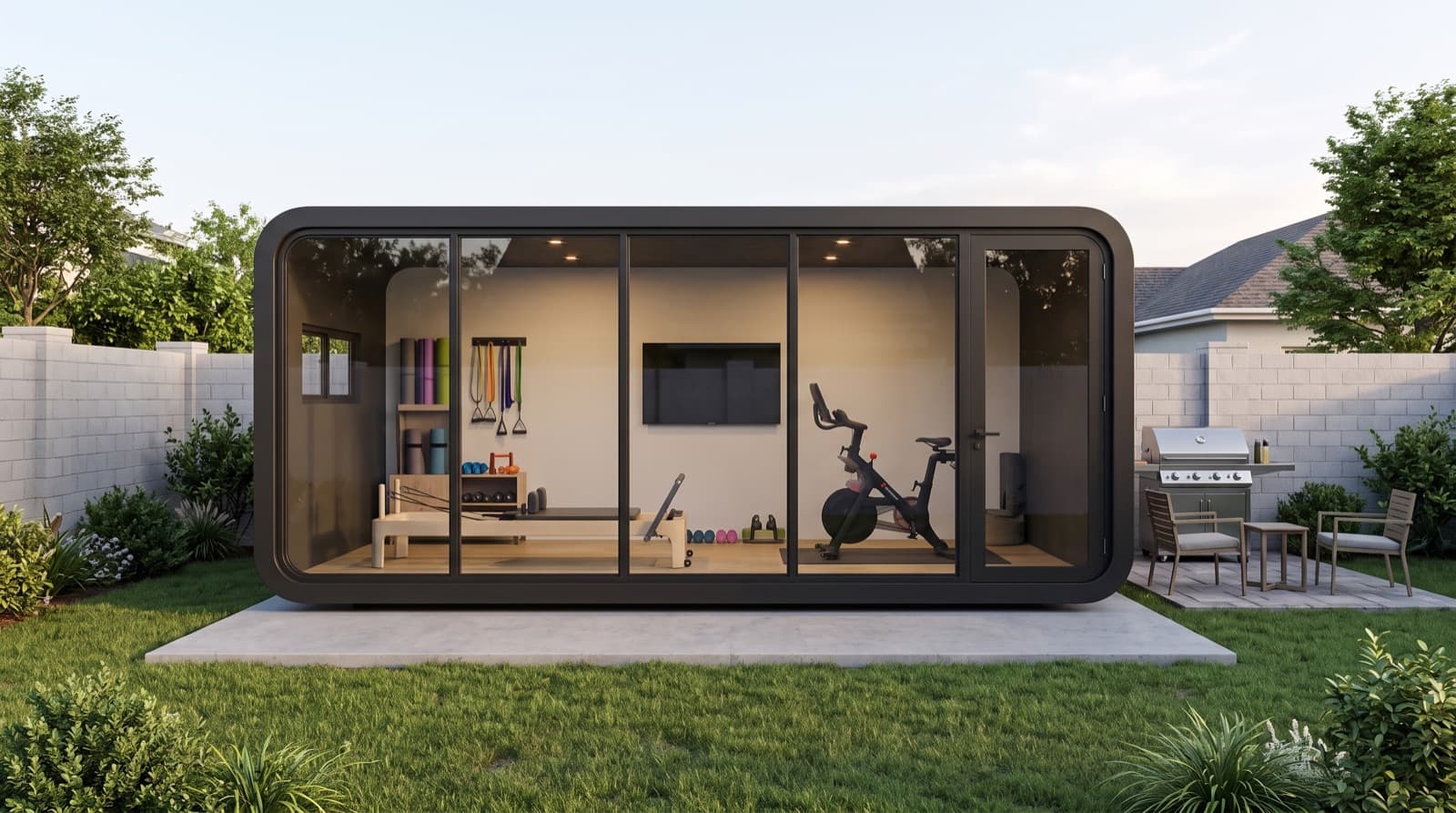 Studio unit with open glass wall in a backyard