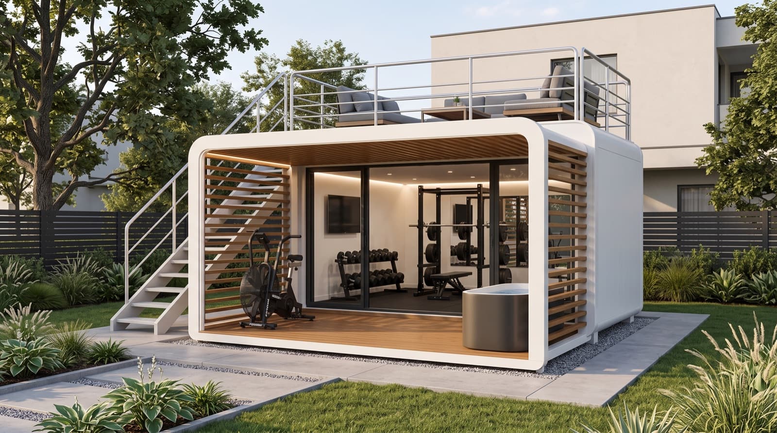 White studio gym unit beside a modern home