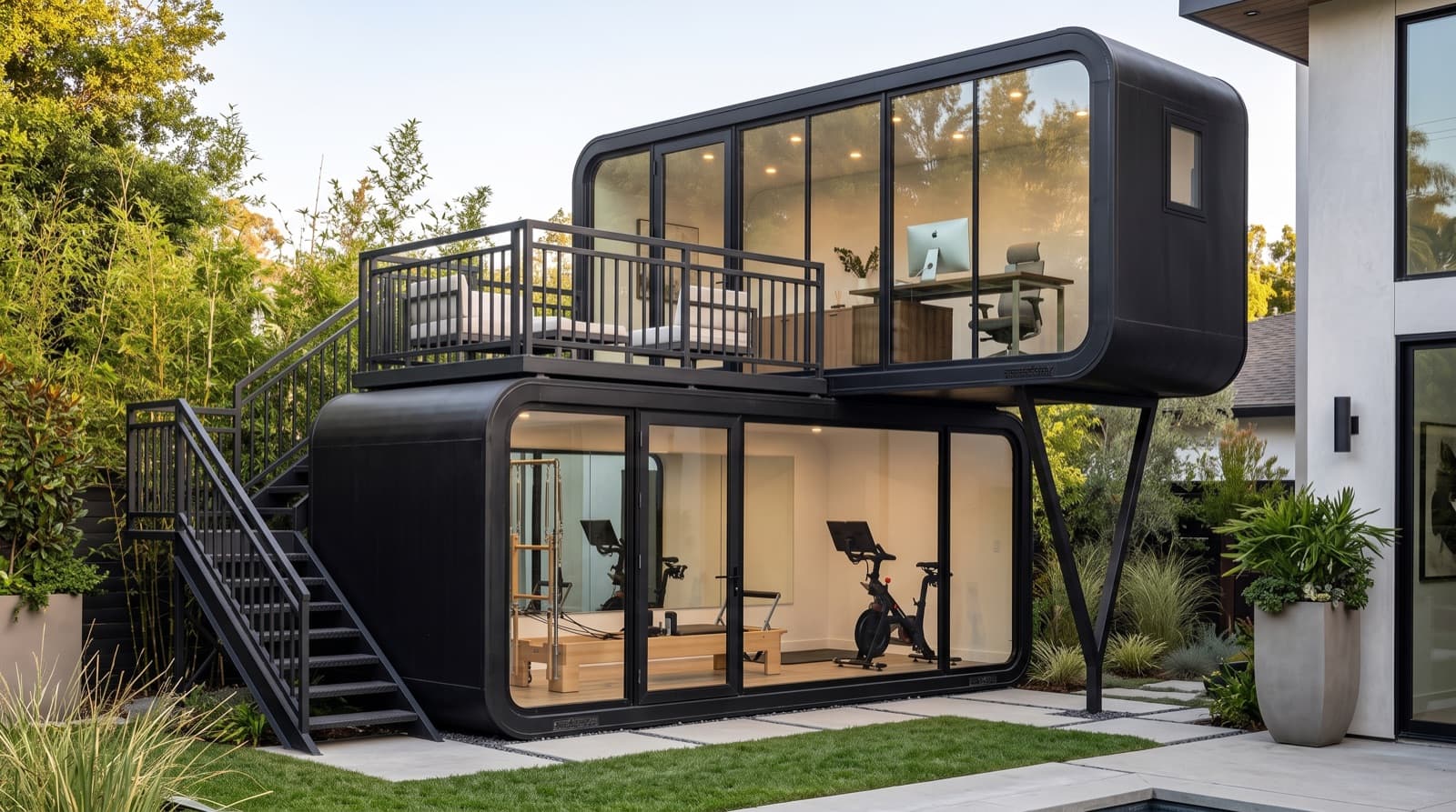 Two-level studio configuration with exterior stairs