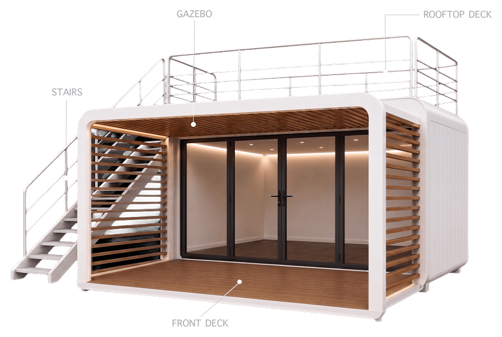 Studio upgrades diagram — rooftop deck, gazebo, stairs and front deck